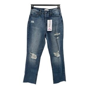 Vanilla Star Jeans Women 7 Blue Button Fly 90s Boyfriend Distressed Straight Leg